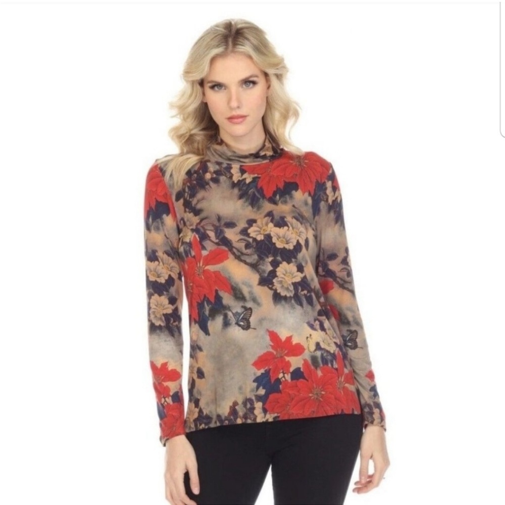 Johnny Was Claret Mock Neck Long Sleeve Floral Print Top Size XS